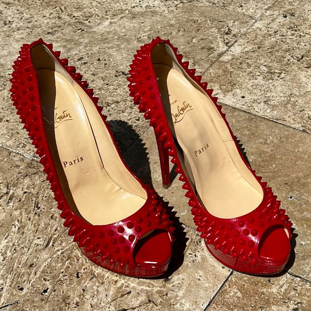 Christian Louboutin Red Patent Leather Lady Peep Spike Platform Pump,